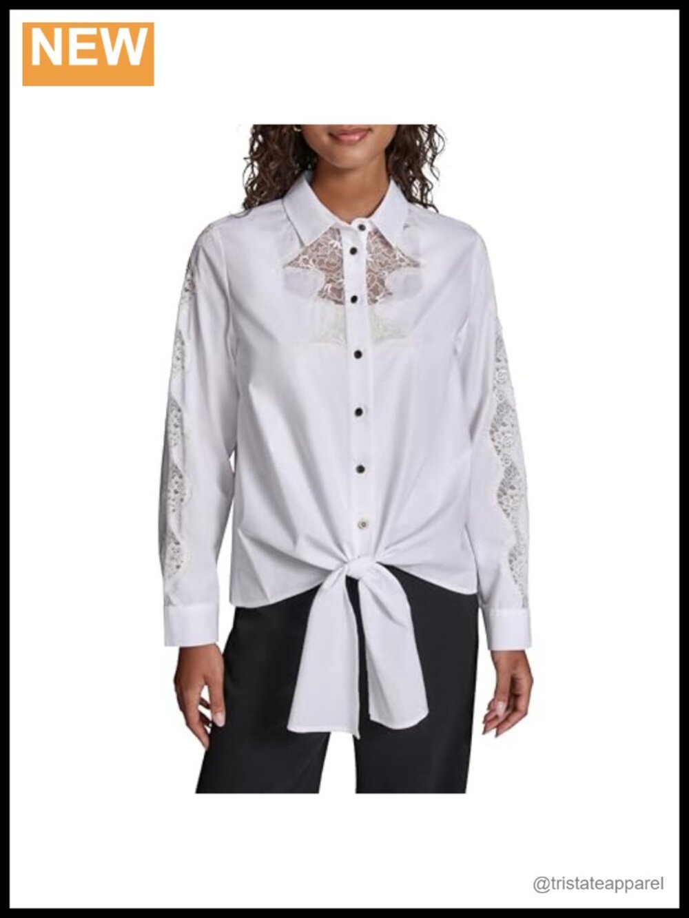 Long Sleeve Collared Button Down Poplin Lace Blouse - White
